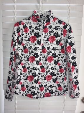 IBKUL Sun Shirt UPF 50+ 1/4 Zip Long Sleeve Red Black Floral Rose Size S